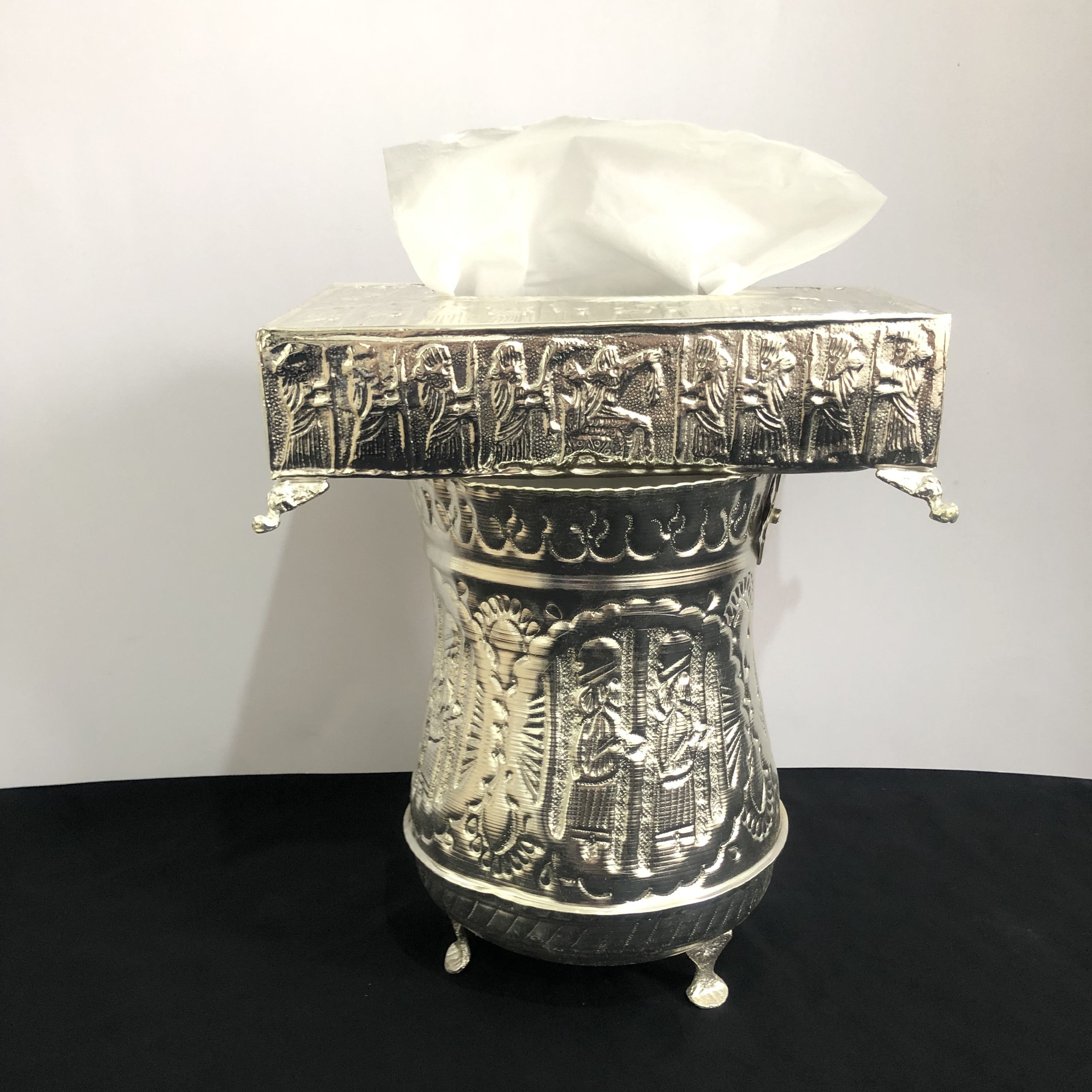 سطل و جادستمال کاغذی مسی ابکاری نقره قلمزنی