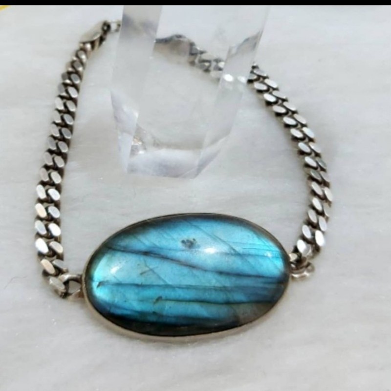 دستبند و انگشتر  مردانه زنجیر کارتیر نقره ایتالیا آبکاری با نگین لابرادوریت طبیعی بالاترین کیفیت زنجیر و قفل و نگین 