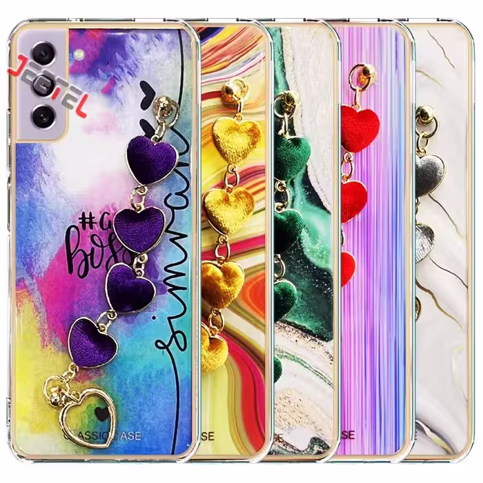 قاب گوشی دخترانه سامسونگ Samsung S21 FE مدل ماربل پام پام زنجیردار
