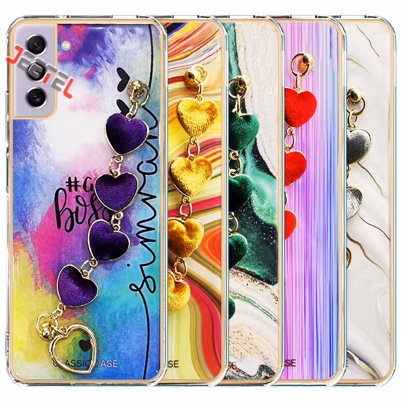 قاب گوشی دخترانه سامسونگ Samsung S21 FE مدل ماربل پام پام زنجیردار