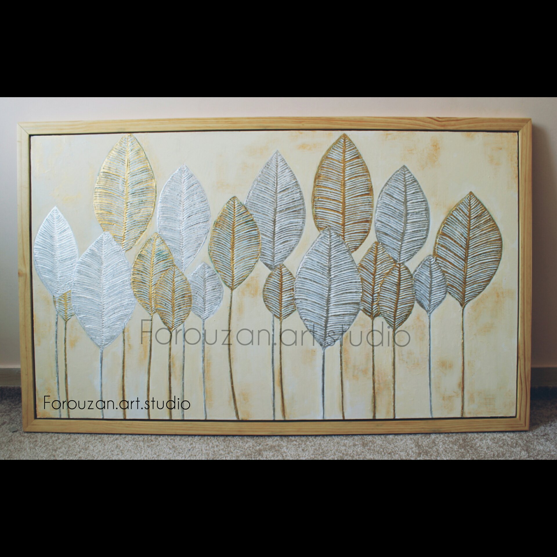 تابلو برجسته طرح برگ گار شده با ورق طلا و نقره ابعاد 120.70