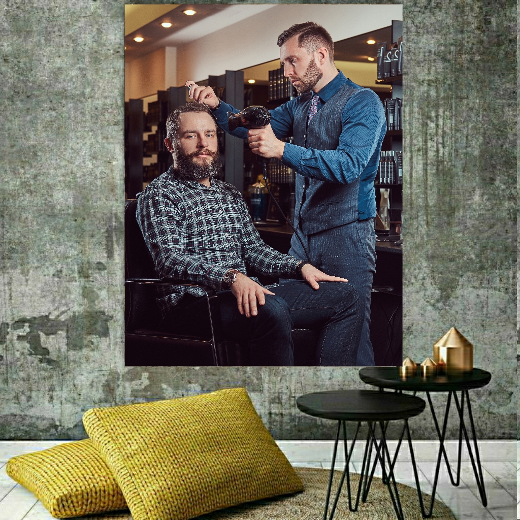 تابلو بوم طرح مرد آرایشگر و مشتری کد BH206