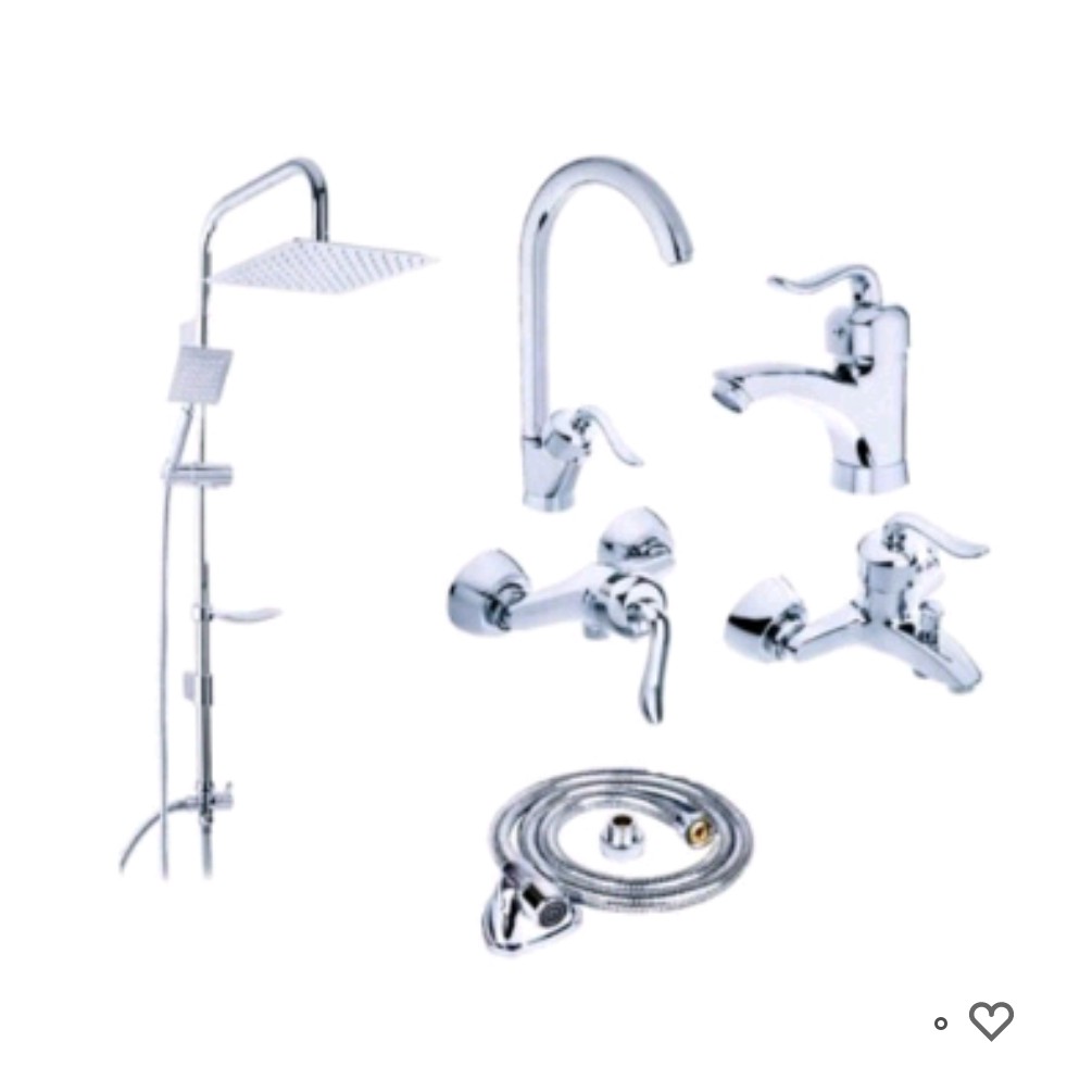 ست 6 تایی شیرآلات قاجاری کروم با علم عصایی و علم دوش دوکاره و شیلنگ توالت 