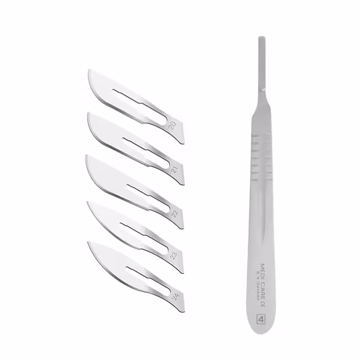 دسته تیغ جراحی مدی کر کد MJNQ69 شماره 4 به همراه تیغ استریل ترینون کد SKJQ002369 بسته 5 عددی