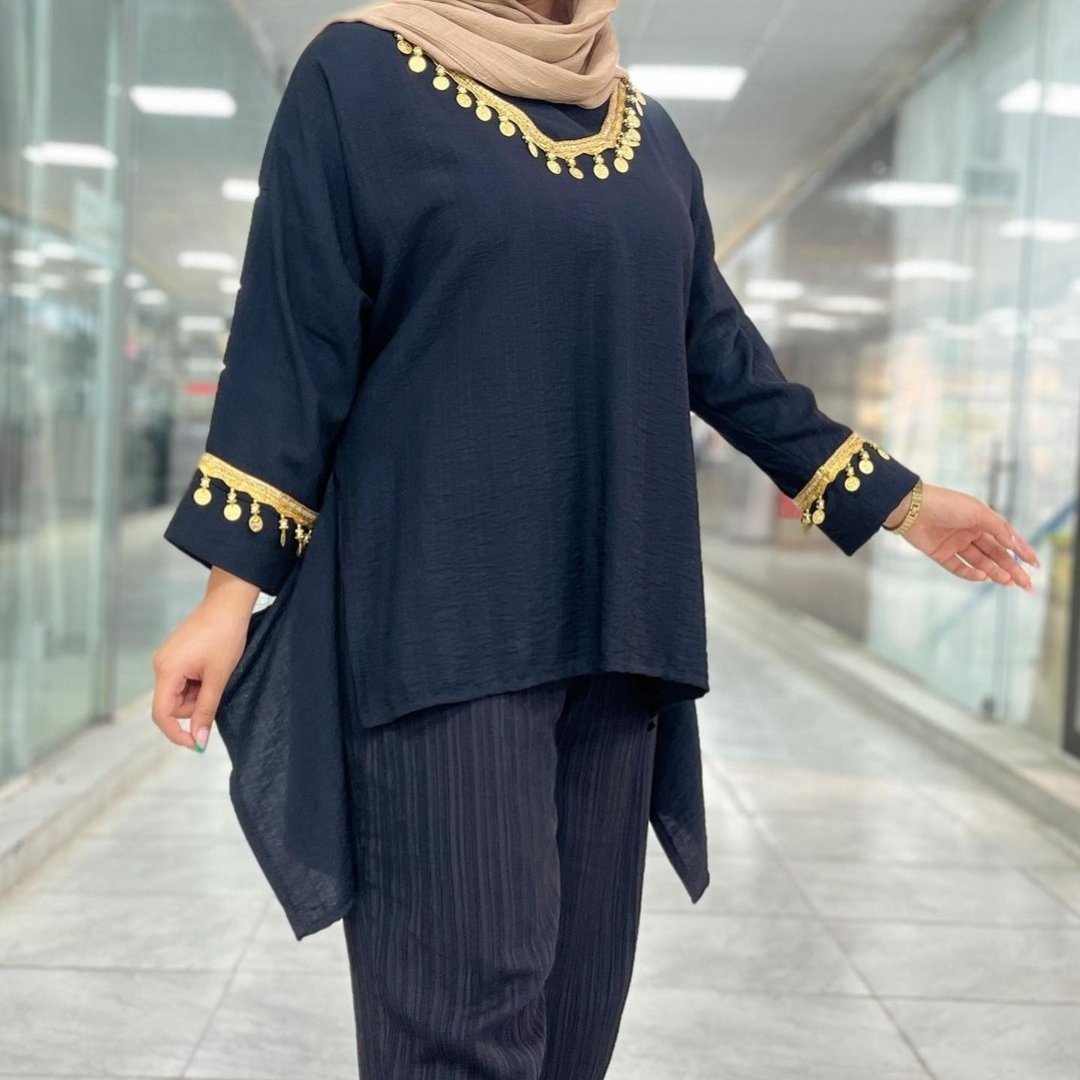 شومیز کرسپو مشکی سکه ای قد 85 آستین بلند جلو بسته