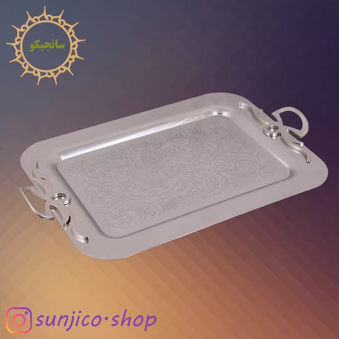 سینی پذیرایی استیل طرح دسته پاپیونی بدون پایه بزرگ(نقره ای)