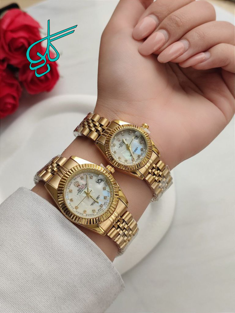خرید ست ساعت زنانه و مردانه رولکس رنگ ثابت تقویم دار دو قفله کیفیت عالی دارای رنگ بندی کد 2115676 - ردگل