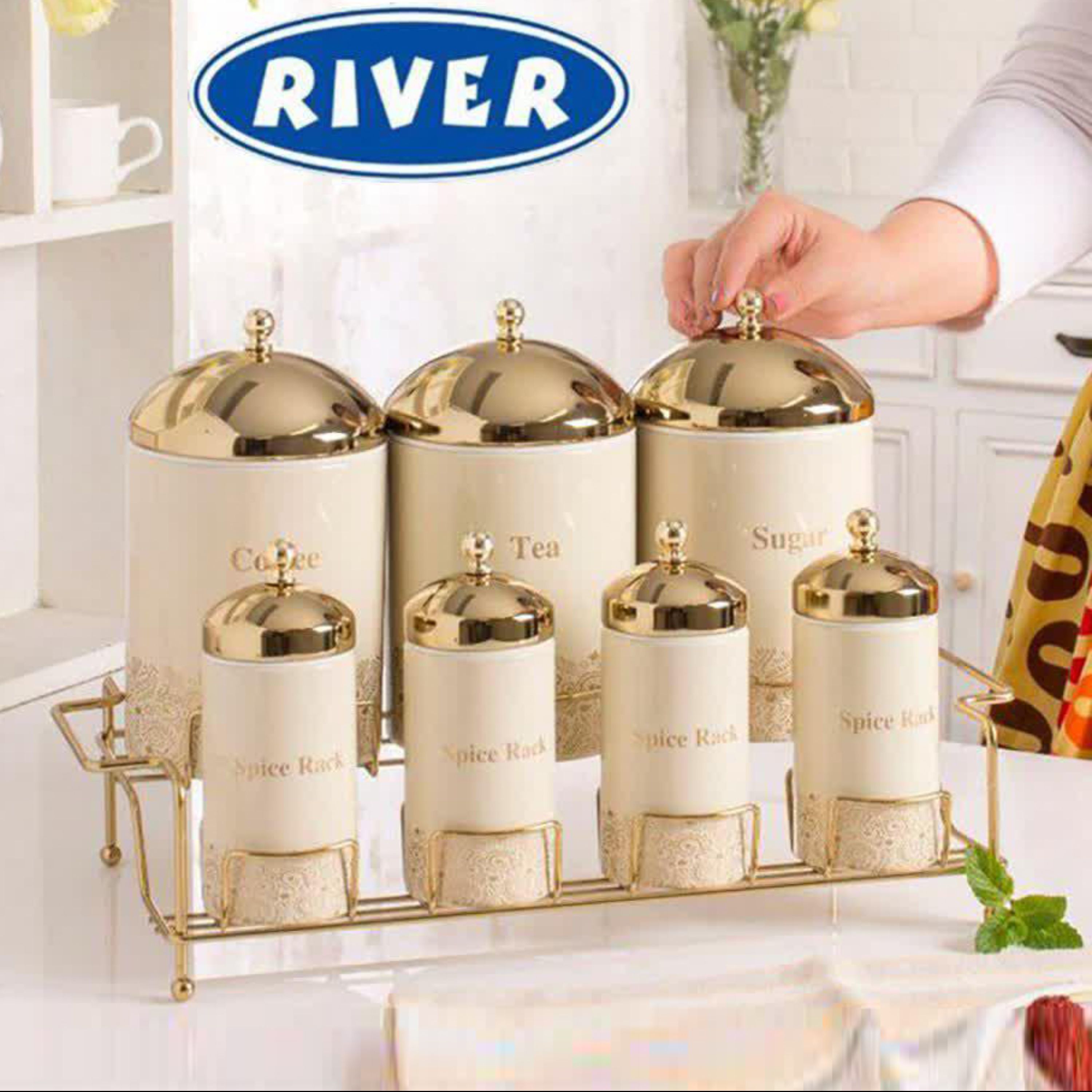ست ادویه و حبوبات استیل کرم درب طلا RIVER مدل 5234