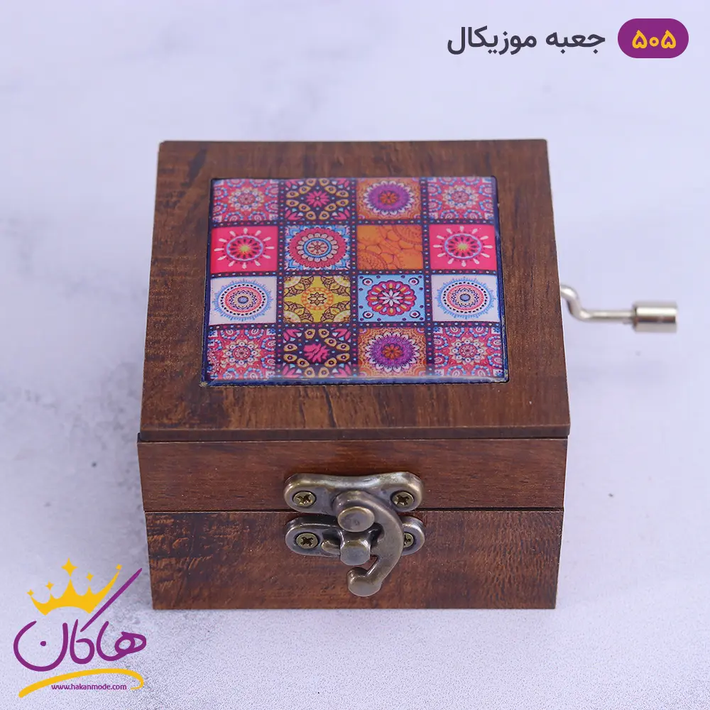 جعبه موزیکال کاشی چوبی طرح کاشی گل دار صورتی | کد 505/1