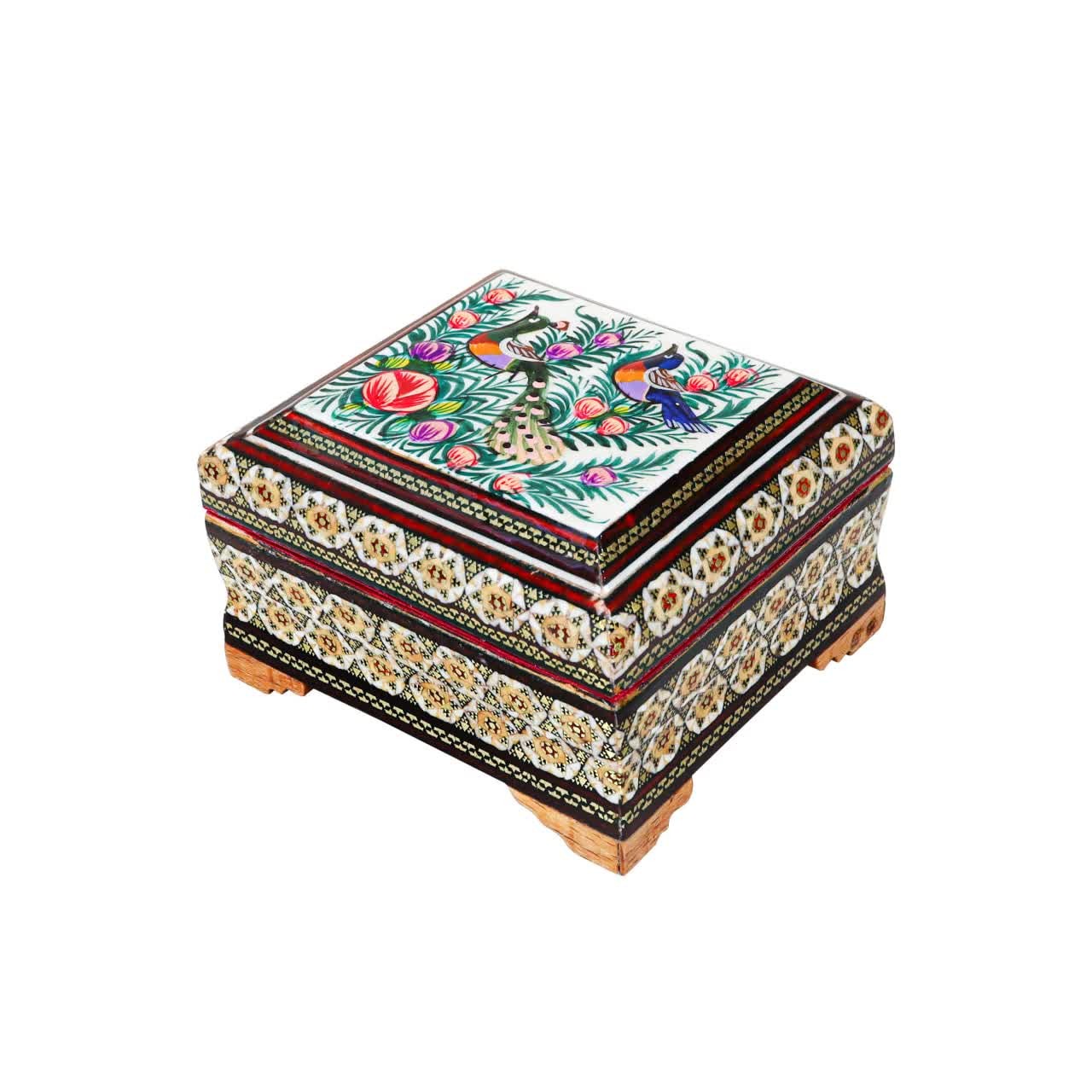 جعبه جواهرات لولادار داخل مخمل پایه دار کوچک خاتم کاری(طرح گل و مرغ سبز برجسته )(گارانتی 120 ماهه)