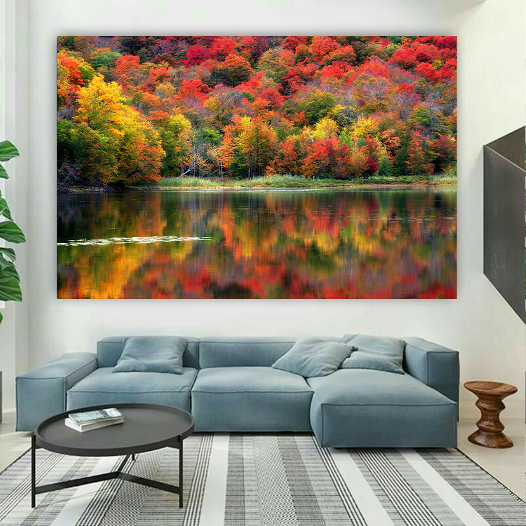 تابلو بوم طرح طبیعت مدل درختان پاییزی و انعکاس کد AR2701