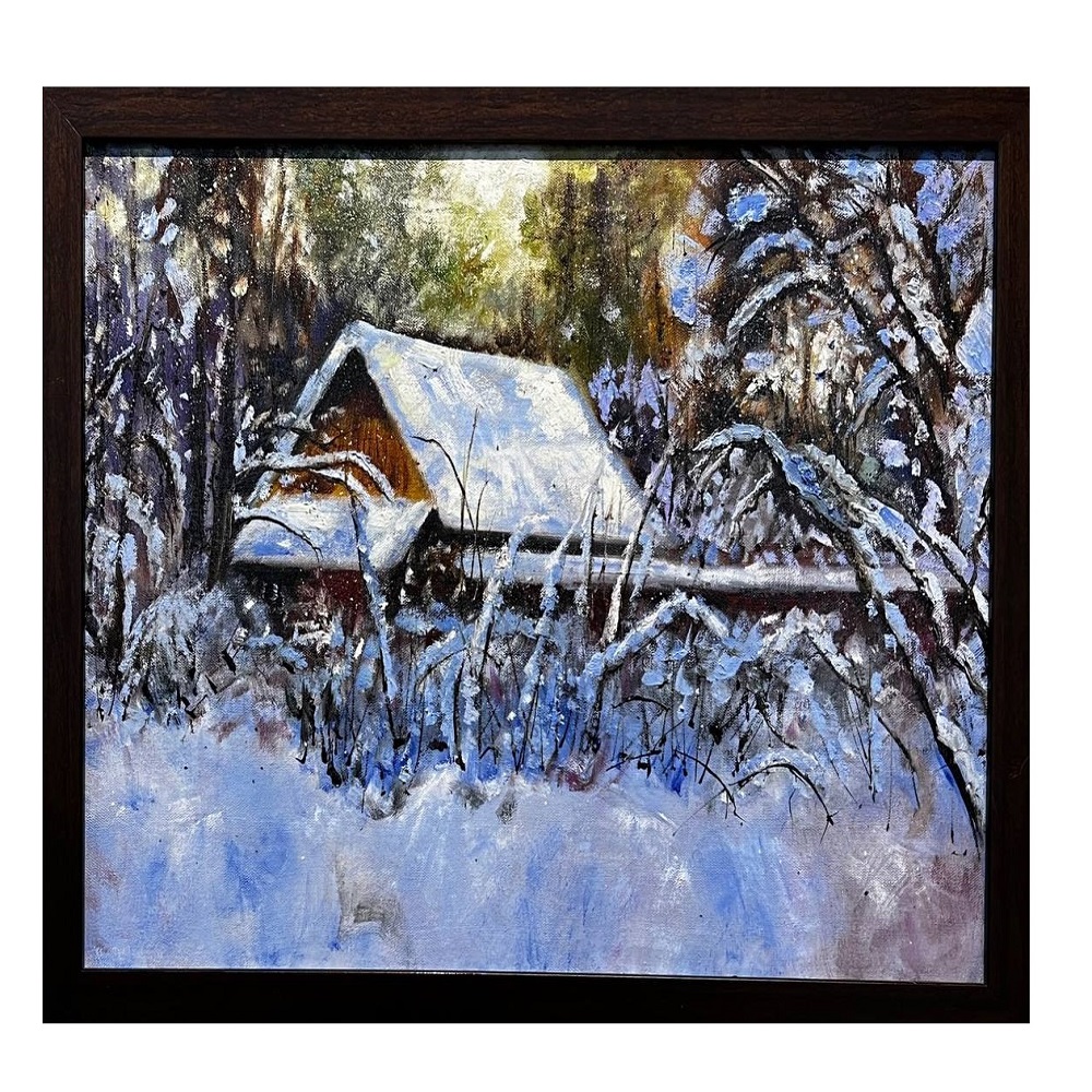 تابلو نقاشی رنگ روغن طرح کلبه در زمستان کد VLZ062