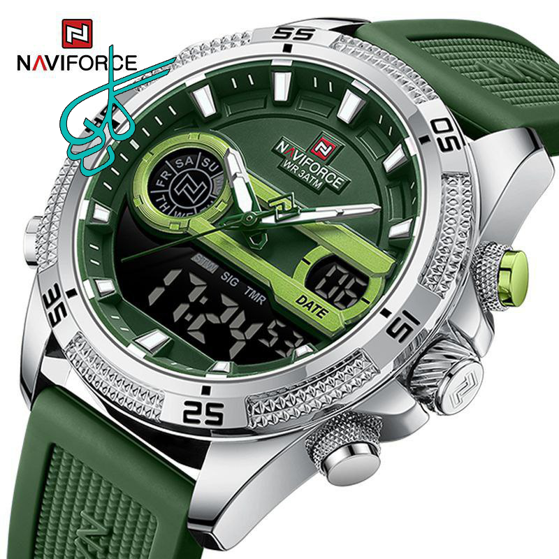 خرید ساعت مردانه نیوی فورس Naviforce موتور ژاپن جنس بند پیو با کیفیت ضدآب در حد شستشو دوزمانه روز شمار چراغ دار تقویم دار کد 1919541 - ردگل