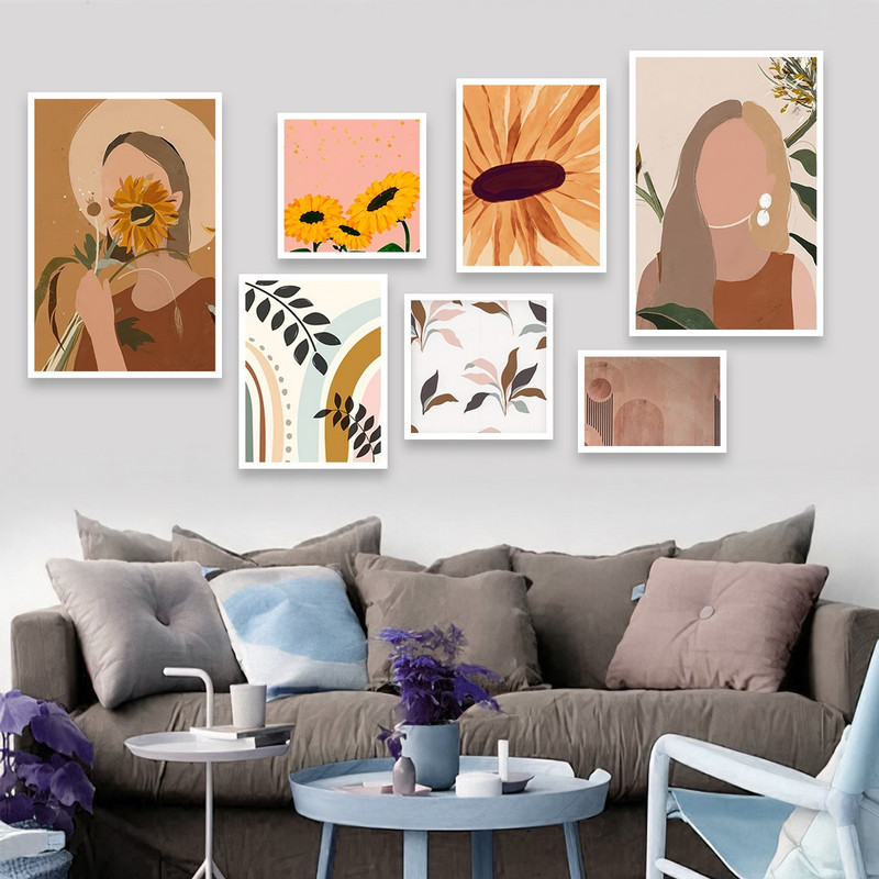 تابلو بکلیت طرح دخترانه نقاشی مینیمال و گل آفتابگردان مدل W-690 مجموعه 7 عددی | دنیای قاب