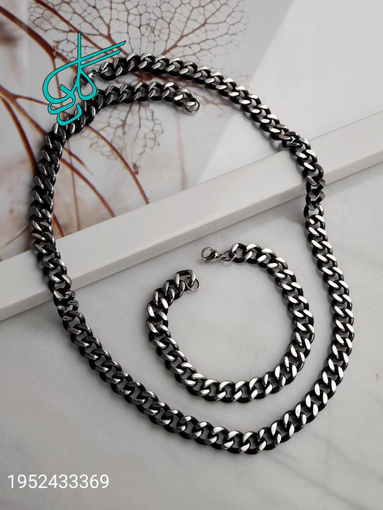 خرید ست گردنبند و دستبند استیل سیاه قلم کیفیت عالی کد 1815174 - ردگل