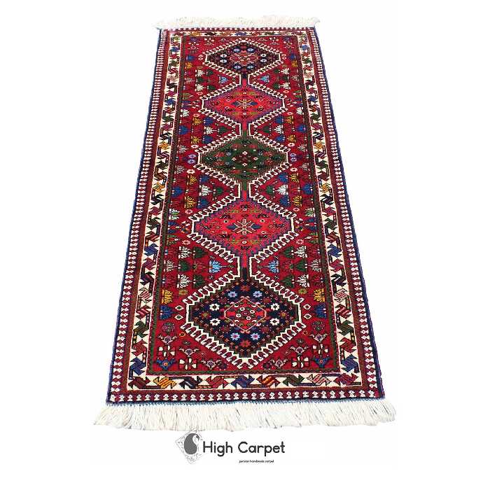 فرش دستبافت کناره 1.5 متری زمینه قرمز  طرح خشت لوزی یلمه شیراز کد 0341