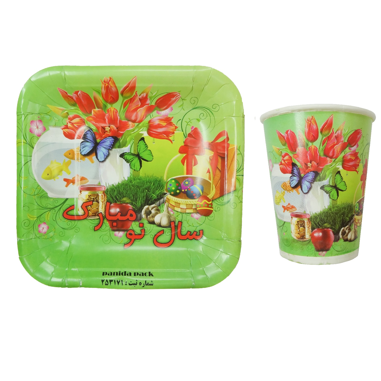 پیش دستی و لیوان یکبار مصرف مستر تم مدل عید نو مبارک بسته 40 عددی