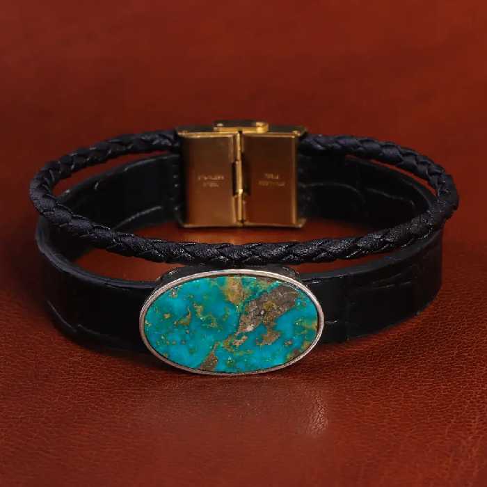 دستبند چرم فیروزه کد 20785 - جواهری مشاهیر