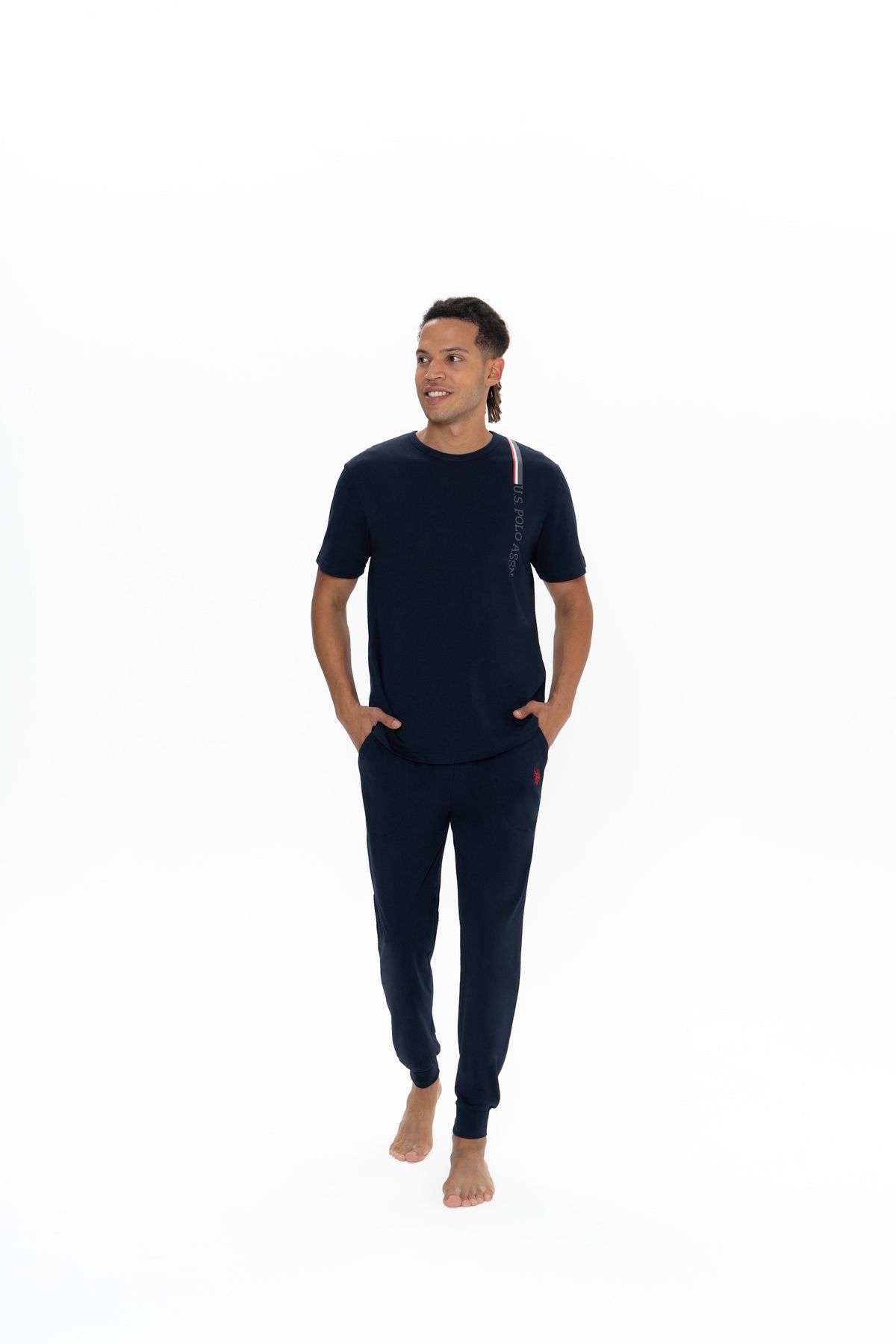 ست پیژامه آبی مردانه مجموعه لباس خواب گرد یقه گردی دارای مجوز اصلی US Polo Assn
