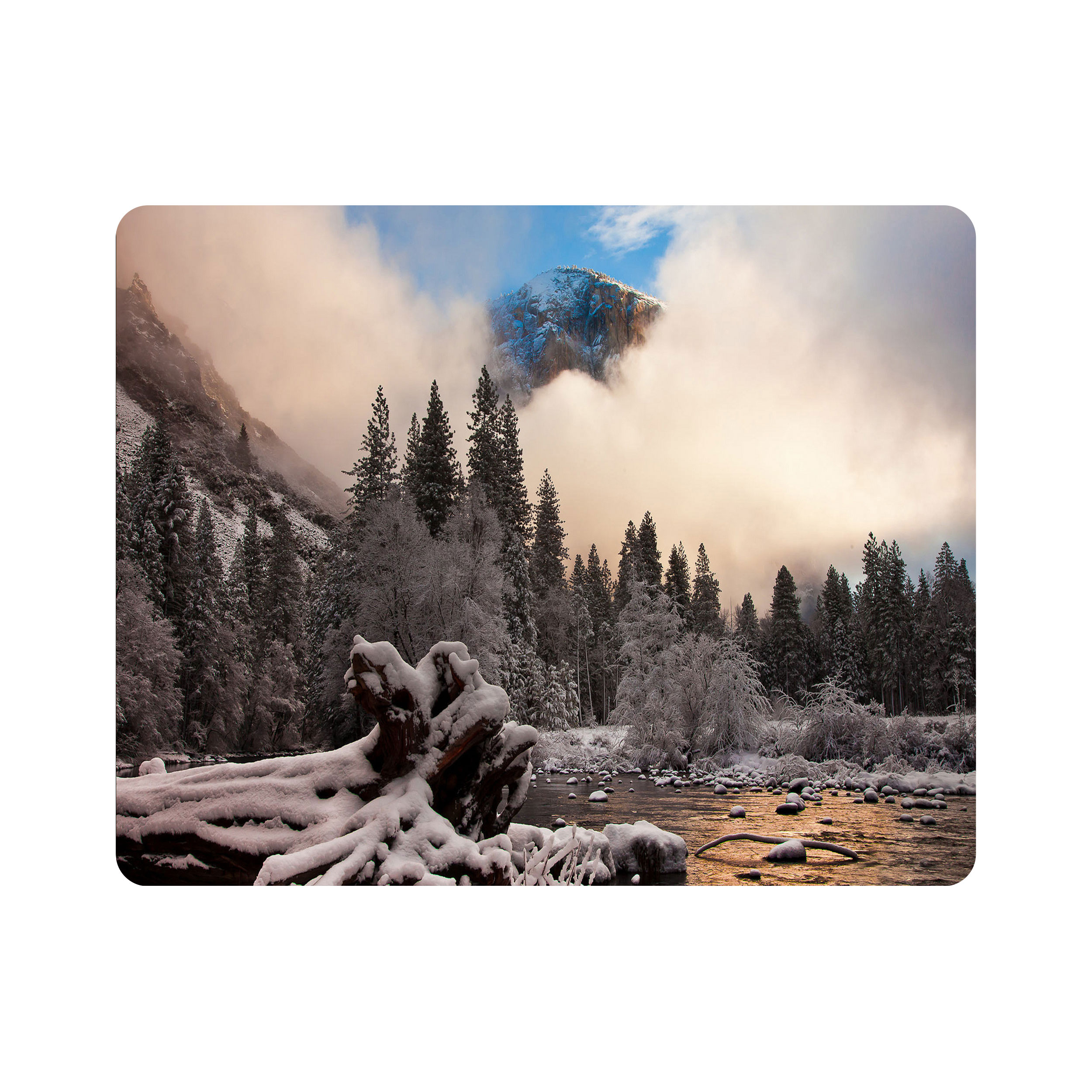 ماوس پد اطلس آبی طرح کوه و درخت و مه و برف مدل T7169