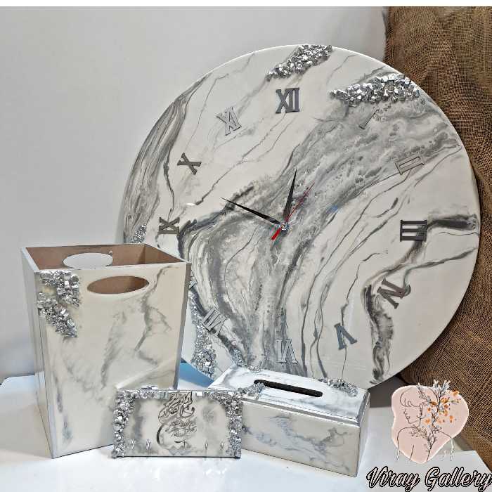 ست ساعت 70 سانت و سطل زباله و جا دستمالی و جاکلیدی دیواری چوب و رزین