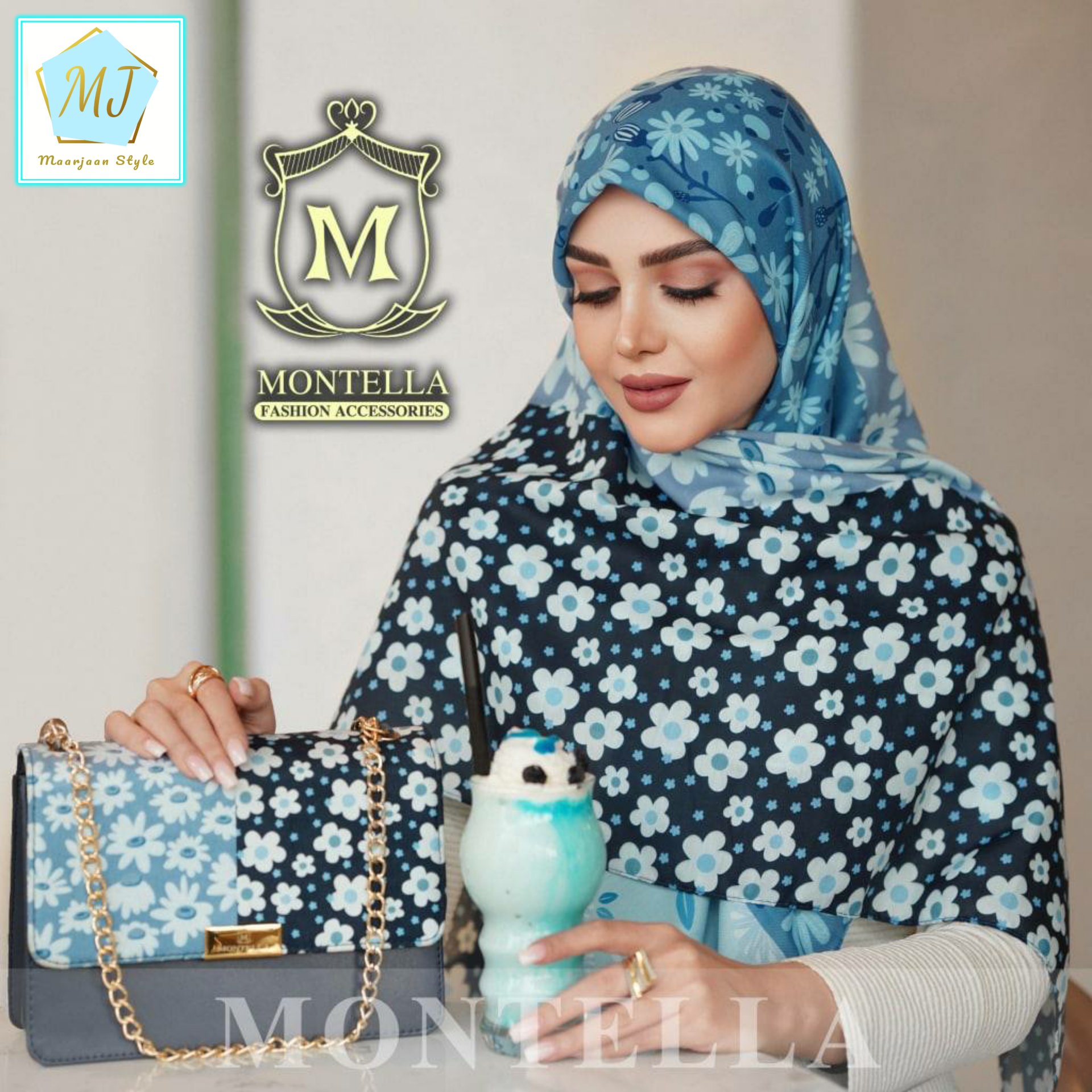 ست کیف و روسری طرح بابونه آبی، قابل سفارش با شال، کیفیت درجه یک