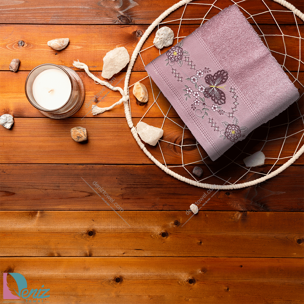 حوله دستی گلدوزی طرح پروانه رنگ کالباسی