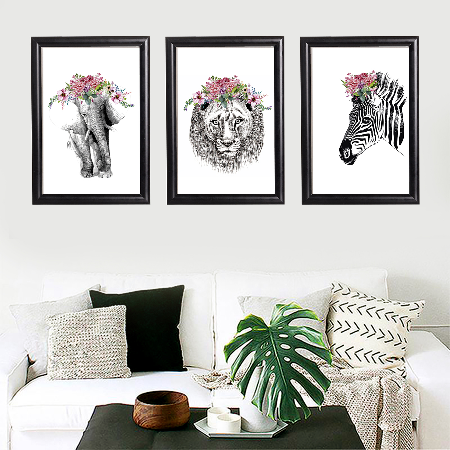 تابلو طرح گور خر و شیر و فیل تاجدار shab1053 مجموعه سه عددی