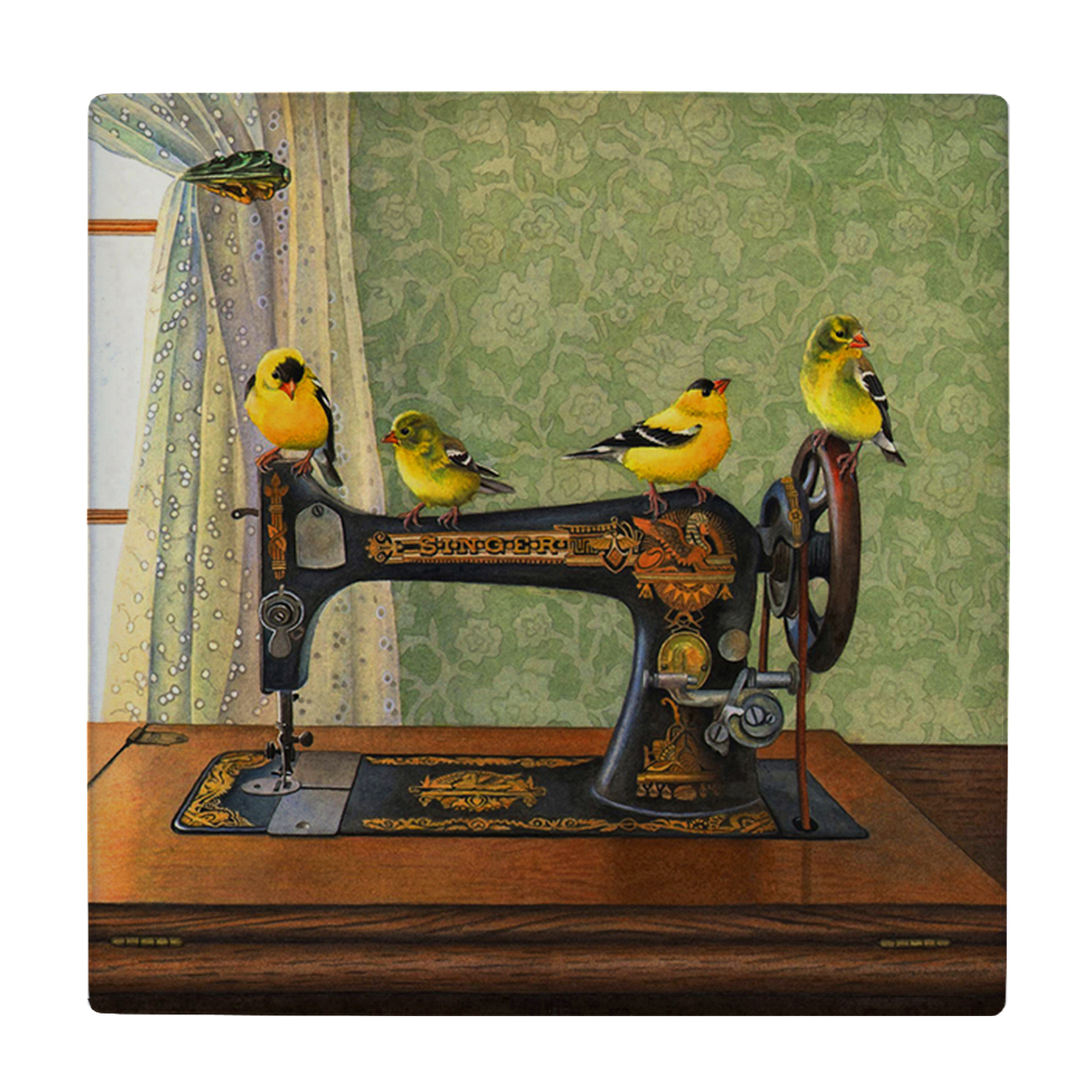 کاشی کارنیلا طرح چرخ خیاطی و قناری ها مدل لوحی کد WKB855 