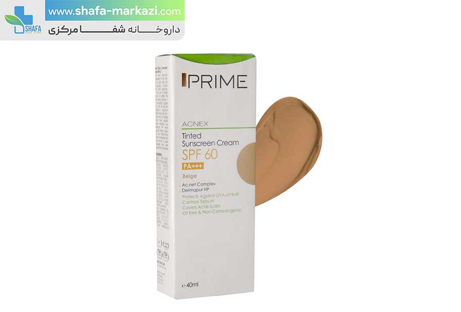 کرم ضد آفتاب رنگی فاقد چربی پریم SPF 60 مناسب پوست چرب بژ | PRIME acnex sunscreen SPF 60 cream