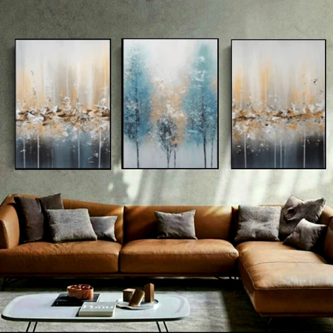 تابلو دکوراتیو  طرح نقاشی آبی وطلایی سه تکه 