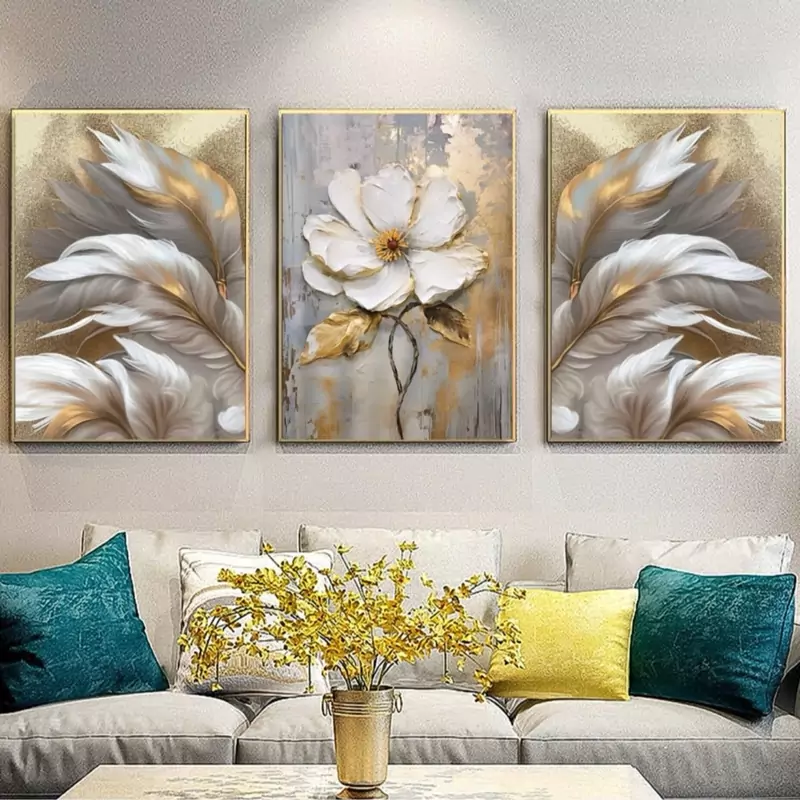 تابلو دکوراتیو گل و برگهای طلایی سه تیکه منظم | دنیای قاب