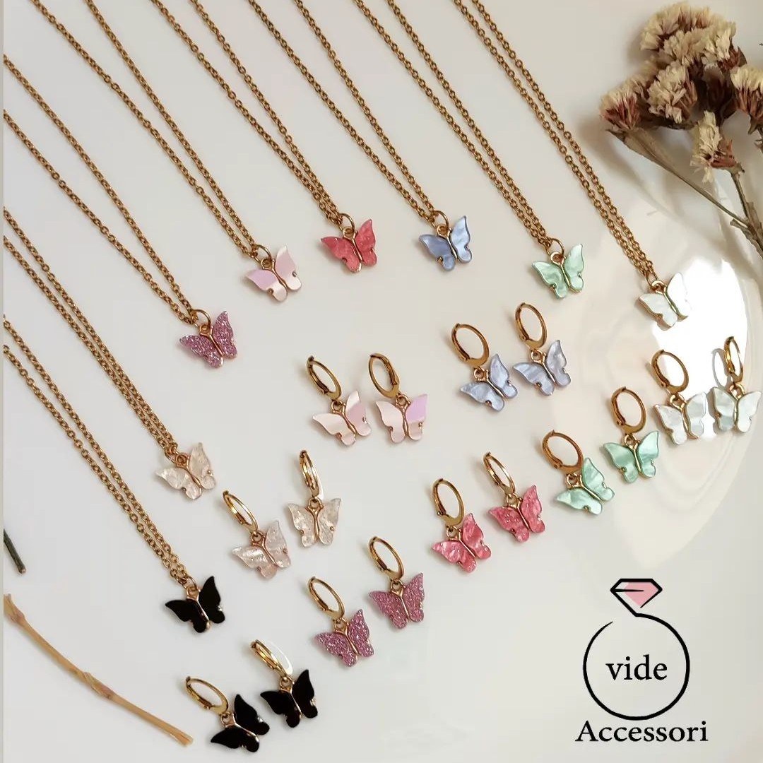 نیم ست استیل با اویز پروانه ،ارسال رایگان ،رنگ ثابت تضمینی، ابکاری طلا مناسب استفاده روزانه و دائم،بدلیجات استیل