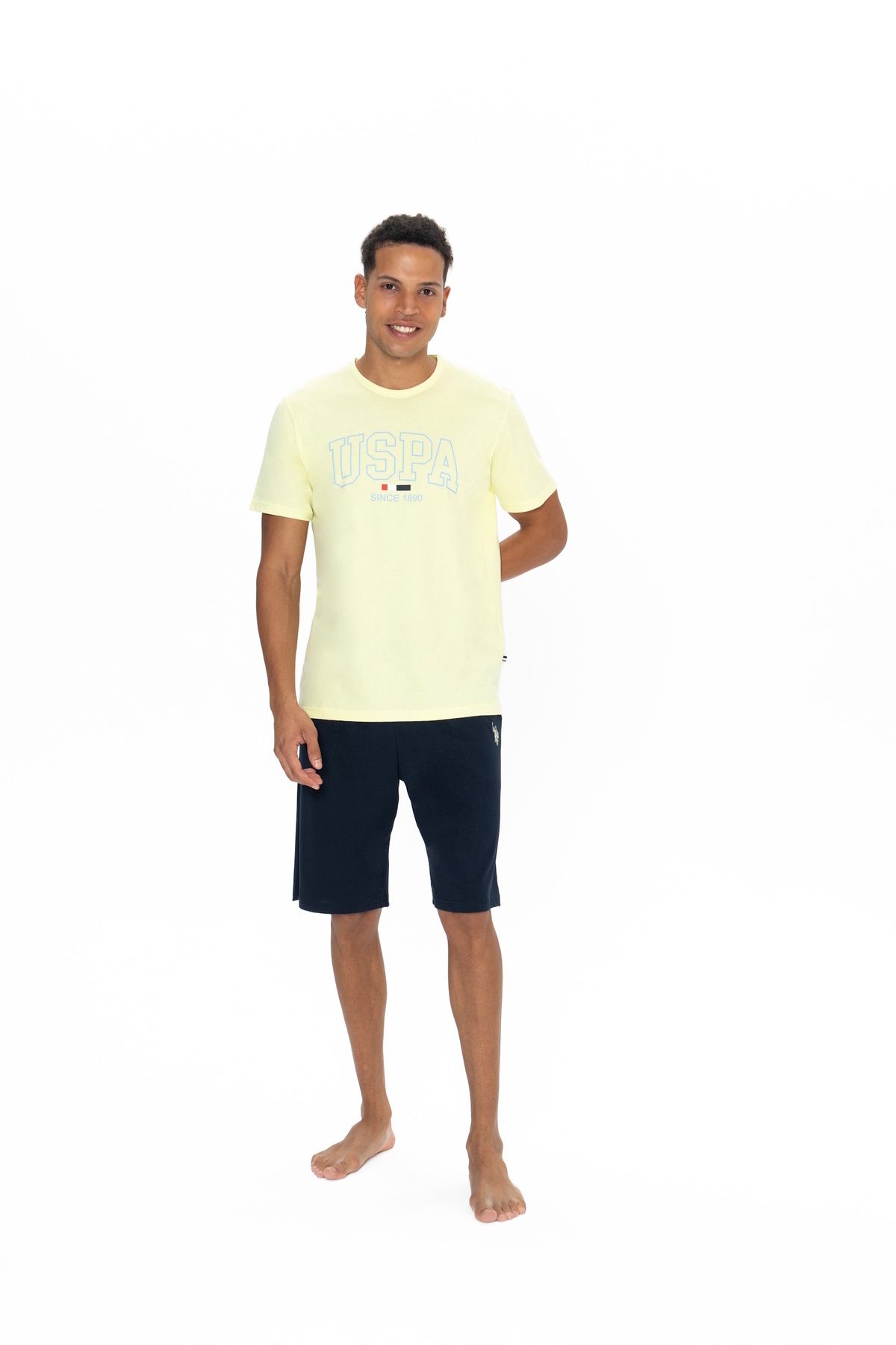 ست پیژامه زرد مردانه تیم شورت های تی شرت گرد یقه با مجوز اصلی جدید فصل US Polo Assn
