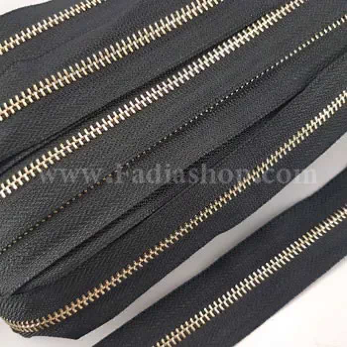 زیپ یکسره فلزی مشکی دنده طلایی بسته ای