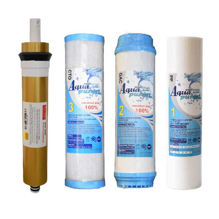 فیلتر دستگاه تصفیه کننده آب آکوا پیورست مدل RO-GOLD04 مجموعه 3 عددی به همراه فیلتر گلد تورای مدل 75G