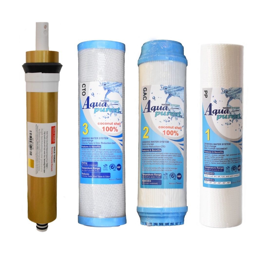 فیلتر دستگاه تصفیه کننده آب آکوا پیورست مدل RO-GOLD04 مجموعه 3 عددی به همراه فیلتر گلد تورای مدل 75G