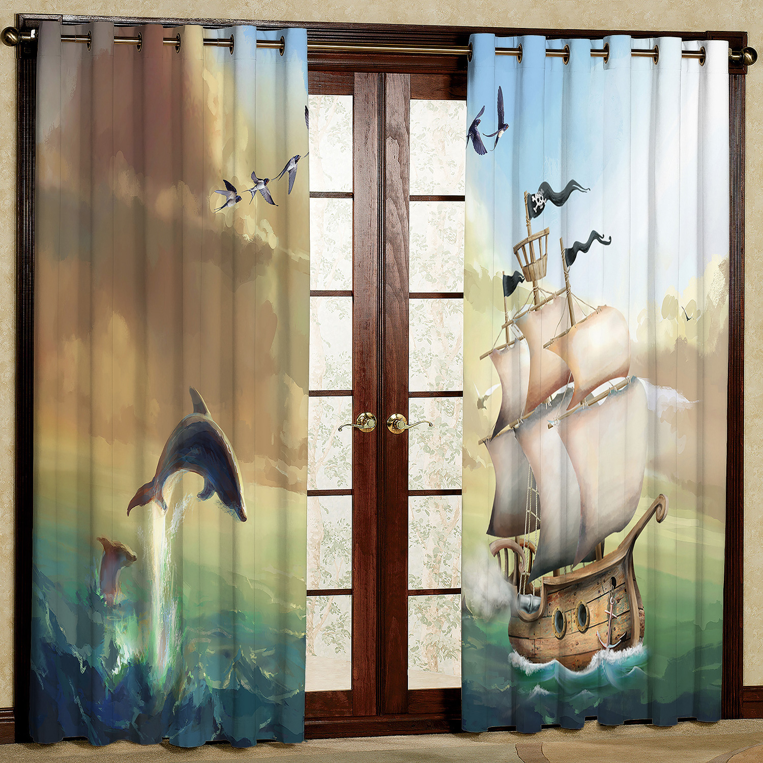 پرده مدل کشتی و دلفین هازان پانچی کد 2529 سایز 140x200 سانتی متر