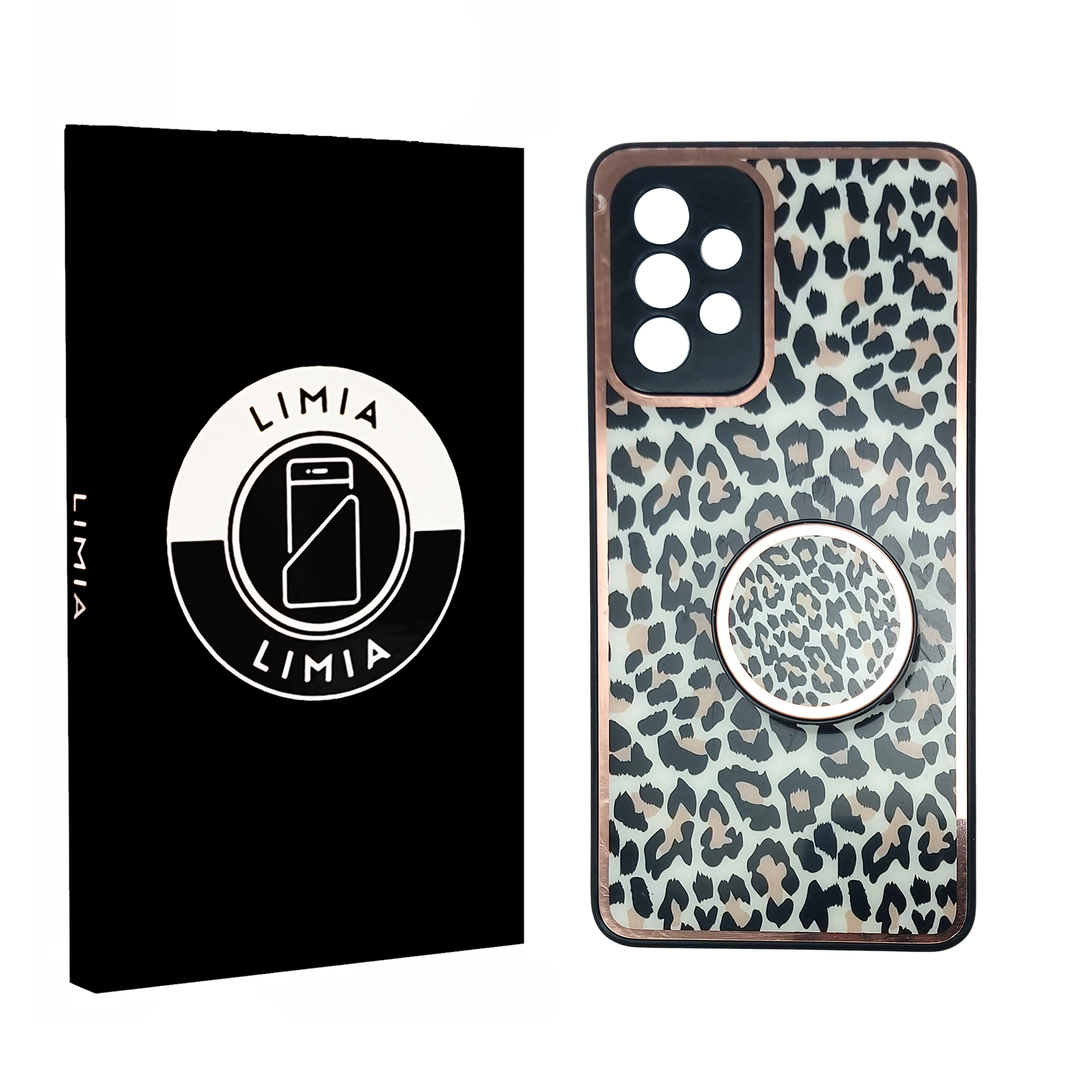 کاور لیمیا مدل فانتزی لنزدار طرح پلنگی کد 433 مناسب برای گوشی موبایل Galaxy A53 به همراه پاپ سوکت