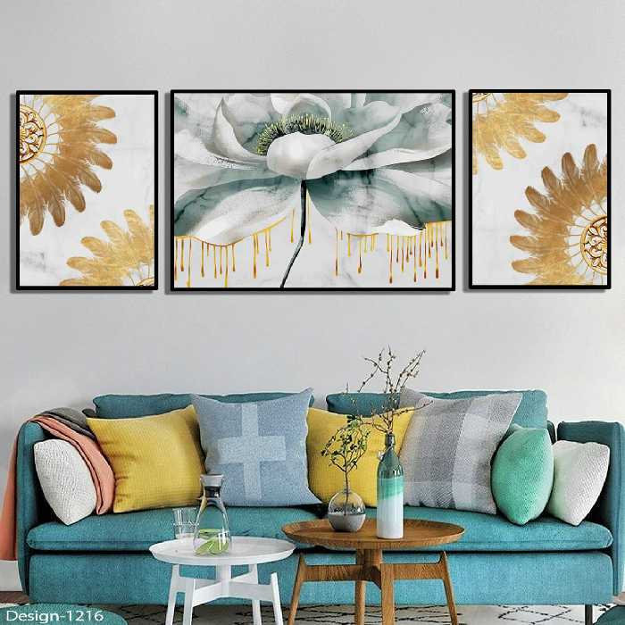 تابلو دکوراتیو مجموعه گل انتزاعی سفید طلایی3تیکه سایز ی عدد 50در70 و دو عدد 30در50