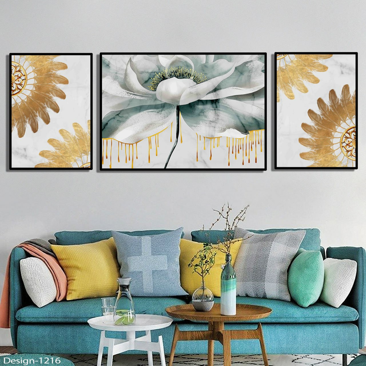 تابلو دکوراتیو مجموعه گل انتزاعی سفید طلایی3تیکه سایز ی عدد 50در70 و دو عدد 30در50