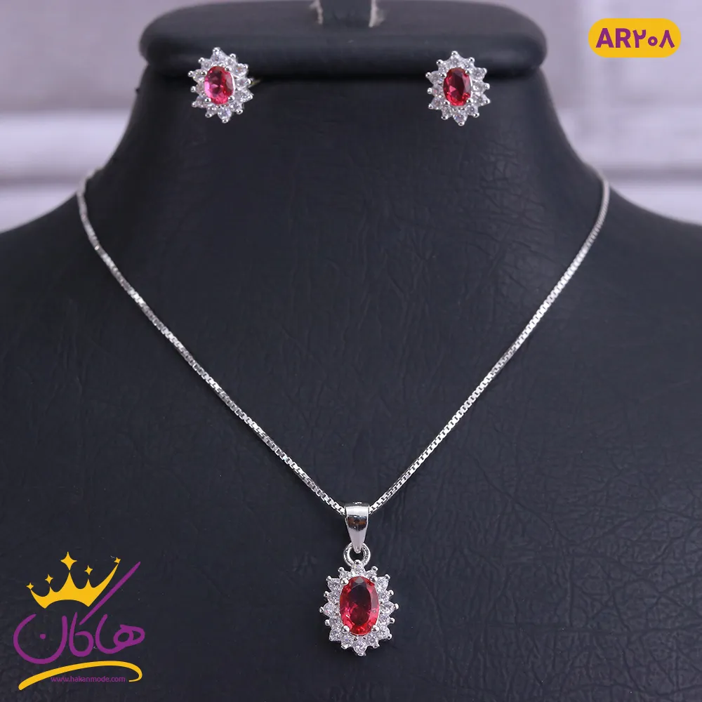 نیم ست نقره خورشیدی بیضی نگین قرمز | AR 208