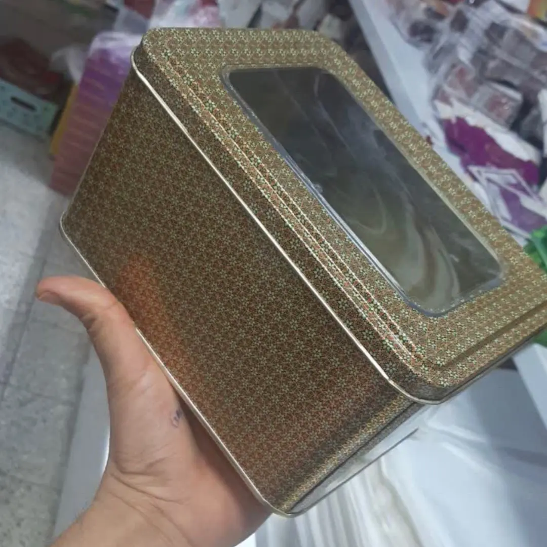 قوطی فلزی مستطیل  سانت طلق دار طرح خاتم ارتفاع 7 سانت