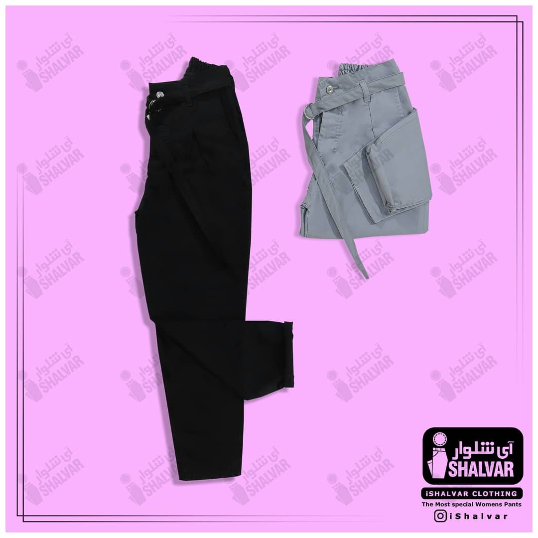 شلوار کتان مدل مام فیت کمربند دار رنگ مشکی و طوسی