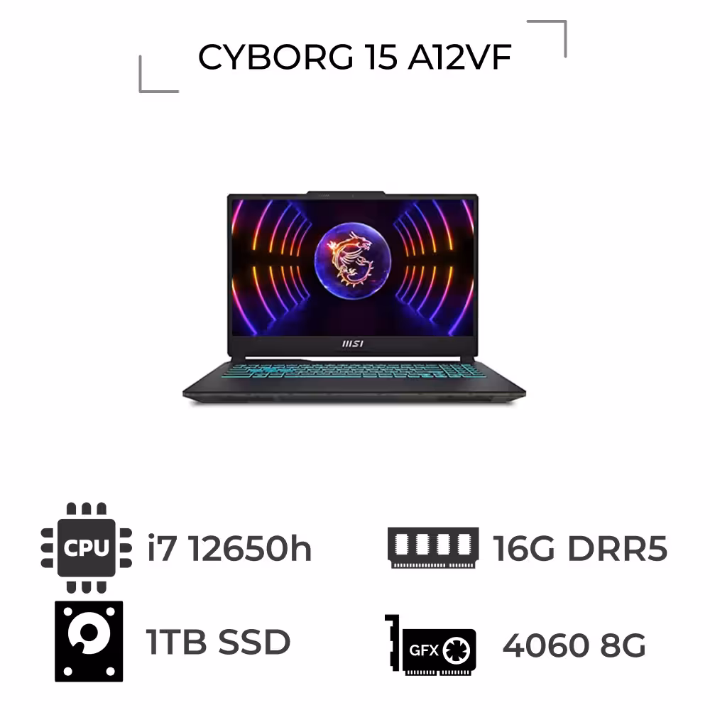 لپ تاپ گیمینگ 15.6 اینچی ام اس آی مدل Cyborg 15 A12VF با پردازنده Core i7 12650H، رم 16GB، حافظه 1TB SSD و گرافیک RTX 4060 8GB