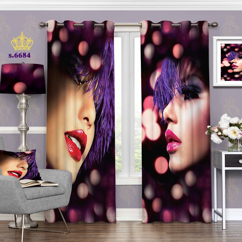 پرده اتاق خواب دخترانه دو قواره  طرح چهره کد S6684