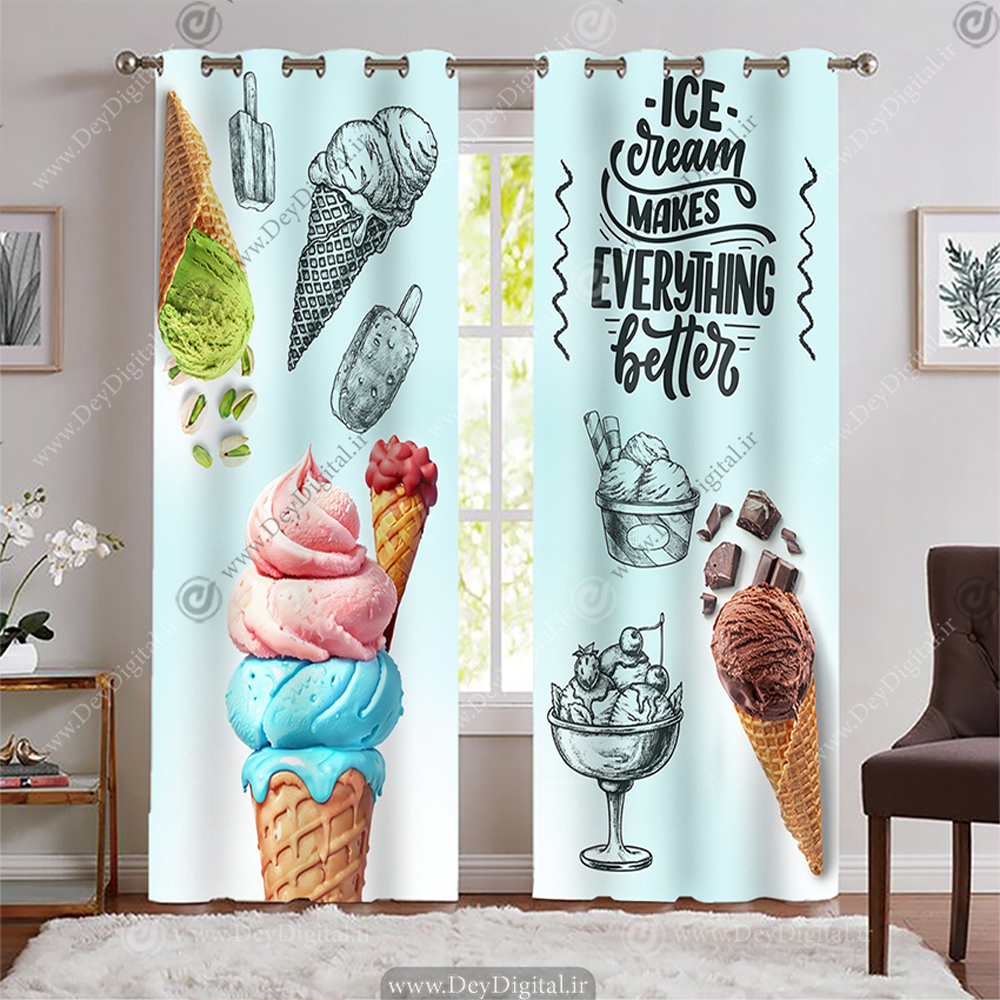 پرده چاپی طرح بستنی قیفی با زمینه آبی روشن WA-1904-s