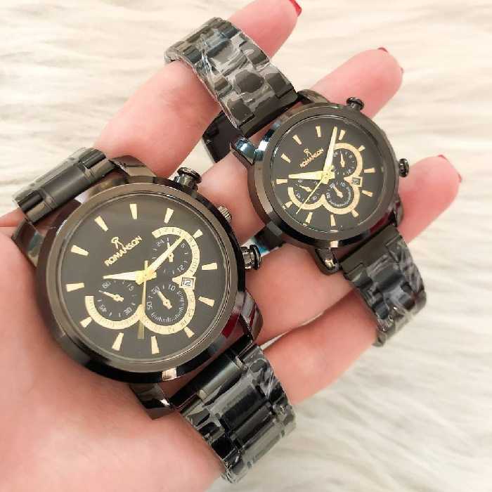 ست ساعت زنانه و مردانه مارک رومانسون بند استیل مشکی صفحه مشکی طرح سه موتوره تقویم دار 