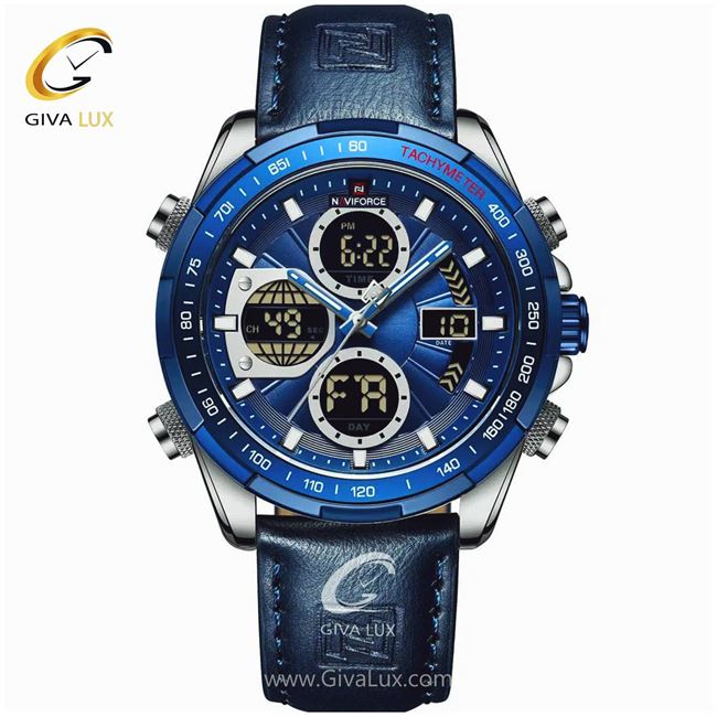 ساعت مچی اورجینال ناوی فورس مردانه دو زمانه نقره ای-آبی کاربنی | سرمه ای | آبی کاربنی | کد رفرنس NF9197L