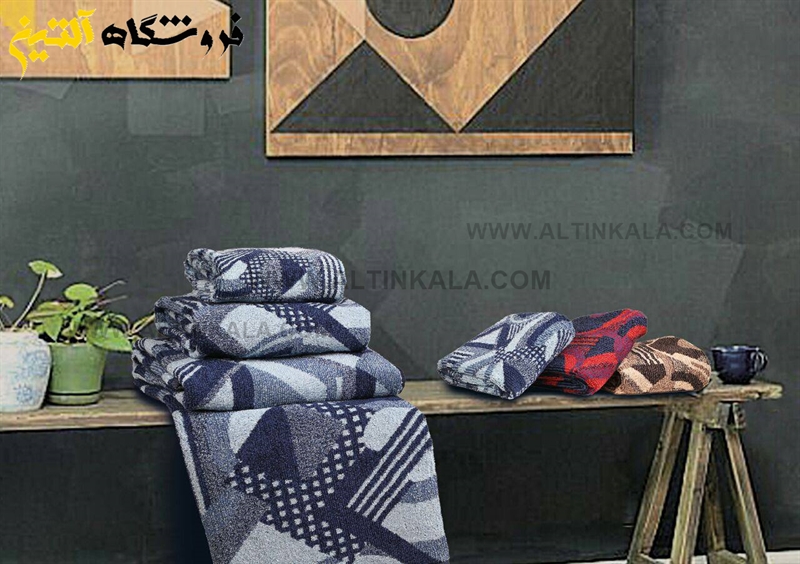 حوله حمامی برق لامع طرح کوبیسم دایره سرمه ای سایز 100×165